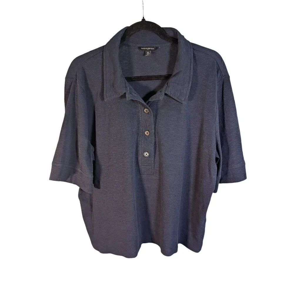 Banana Republic Men Polo Shirt Blue Vintage Large Short Sleeve Rayon Summer Men'